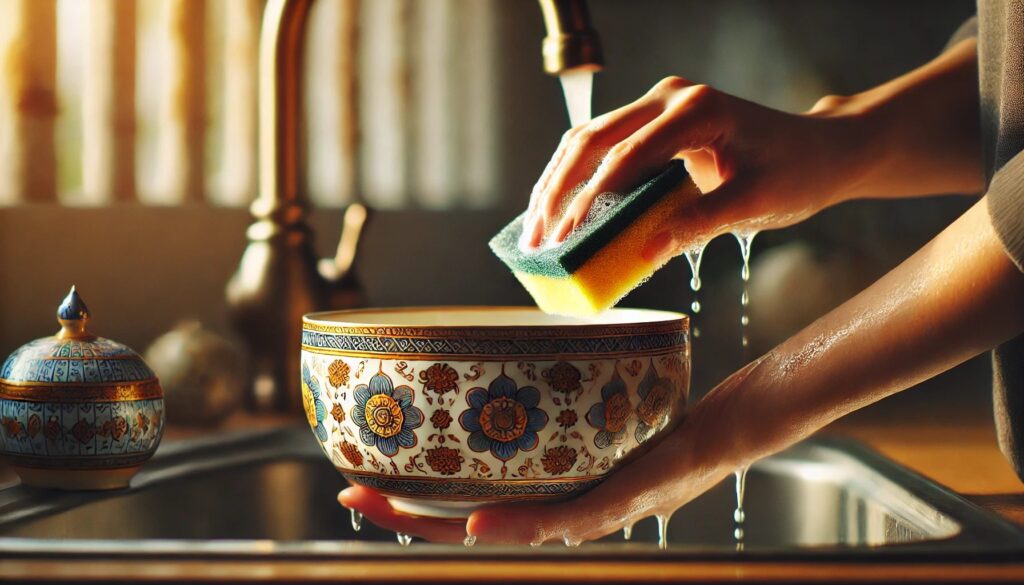 A person gently washing a Benjarong porcelain bowl
