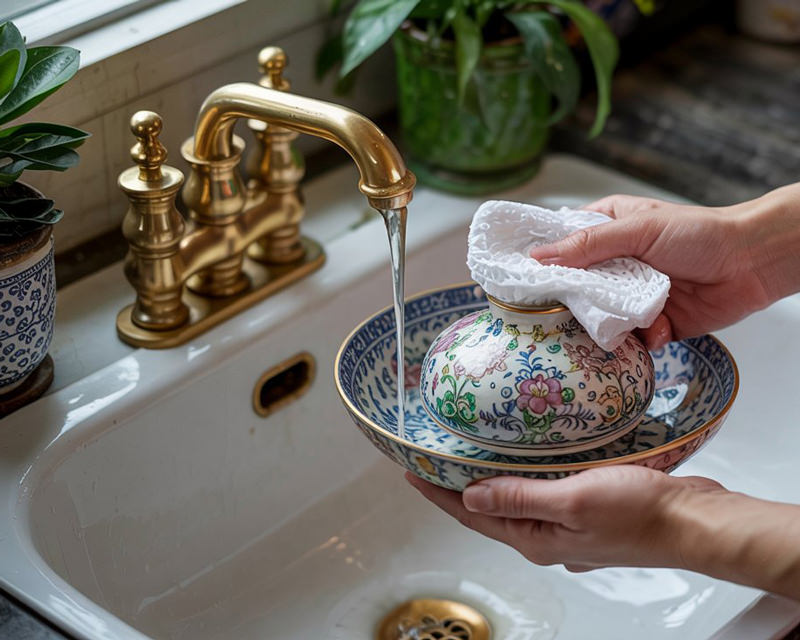 A person carefully hand-washing a traditional Benjarong ceramic piece to preserve its intricate design.