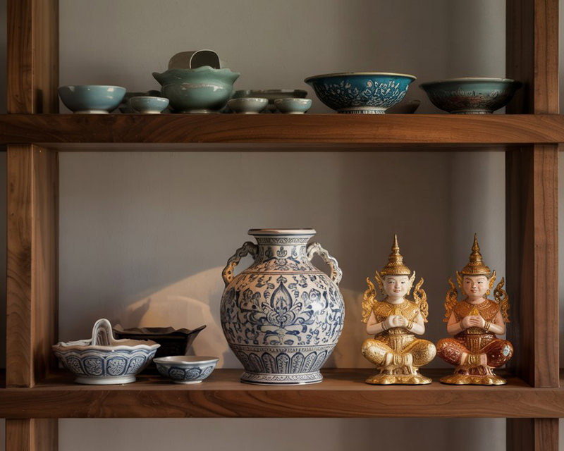 A beautifully arranged display shelf featuring handcrafted Thai ceramics, including bowls, plates, and vases.