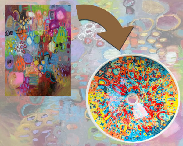 A ceramic basin with an explosion of abstract colors and patterns, influenced by contemporary psychedelic art.