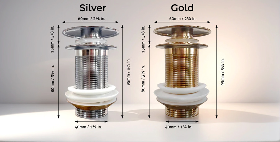Specifications of the Silver and Gold drain plugs compatible with Sabai Home handmade ceramic basins.