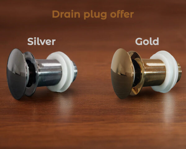 Silver and gold drain plugs compatible with Sabai Home handmade ceramic basins, designed for a perfect fit and elegant finish.