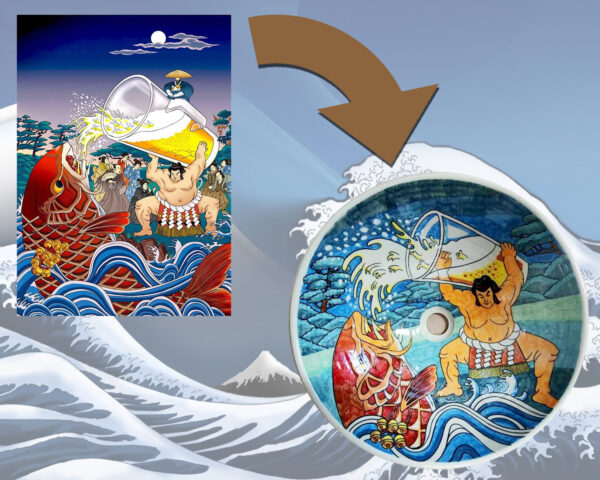 A ceramic basin depicting a traditional Japanese warrior battling ocean waves, inspired by a classic Ukiyo-e painting.