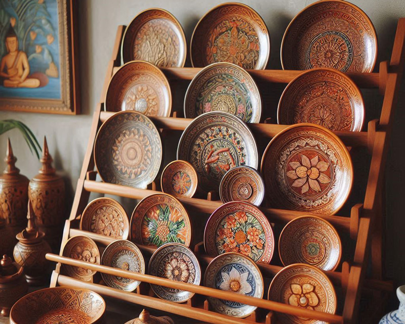 Handmade Thai ceramic plates neatly arranged on a wooden plate rack for safe storage and display.