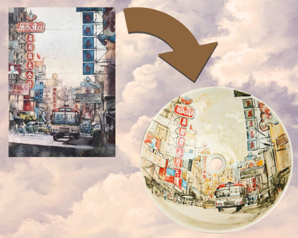 A ceramic basin capturing an old Chinatown street scene, featuring vintage neon signs and nostalgic cityscape aesthetics.