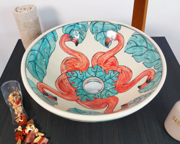 Top-down perspective of Flamingo Dance sink, displaying its colorful flamingo design.