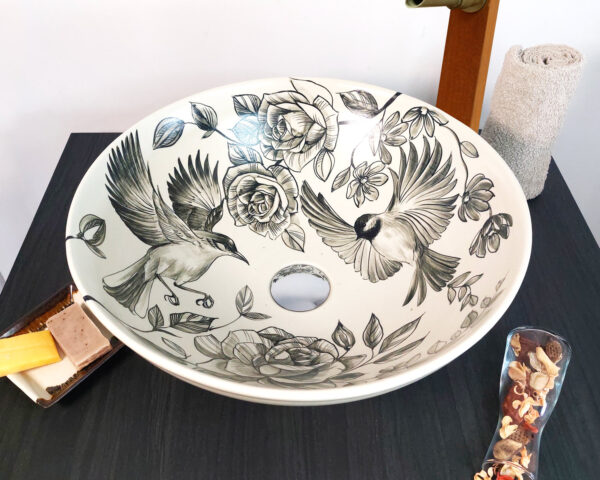 Top-down perspective of Floral Serenity sink, showcasing its delicate floral artwork.