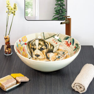 Playful ceramic sink featuring a hand-painted dog portrait, ideal for pet lovers.