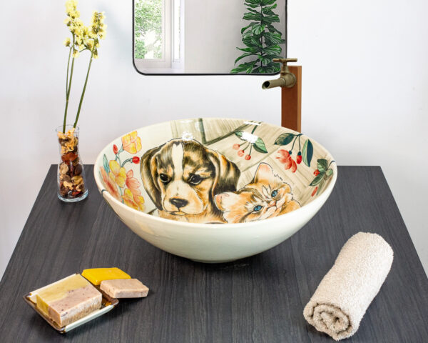 Playful ceramic sink featuring a hand-painted dog portrait, ideal for pet lovers.