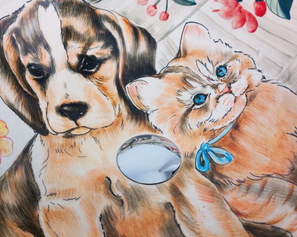 Close-up of Furry Friend sink, highlighting the lifelike pet portrait.