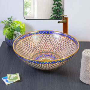 Graceful ceramic basin with an ivory-toned floral lattice pattern for a timeless aesthetic.
