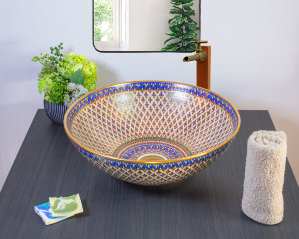 Graceful ceramic basin with an ivory-toned floral lattice pattern for a timeless aesthetic.