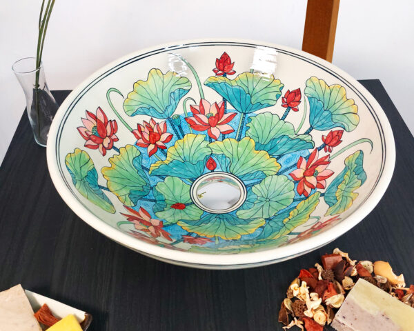 Overhead view of Lotus Harmony ceramic sink, showcasing its vibrant floral patterns.