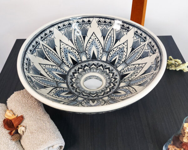 Overhead shot of Mandala Bloom ceramic sink, showing its geometric mandala design.