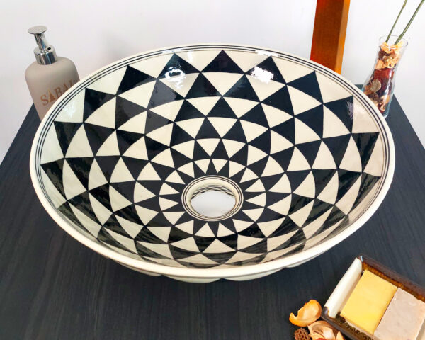Overhead shot of Optical Illusion sink, displaying its hypnotic geometric design.