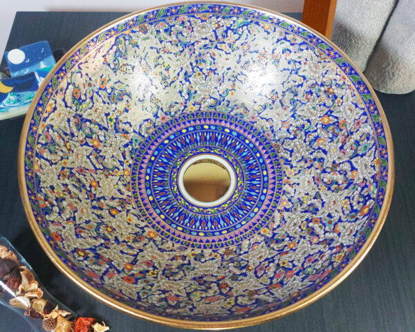 Overhead view of Sapphire Bloom ceramic sink, showcasing its intricate floral design.