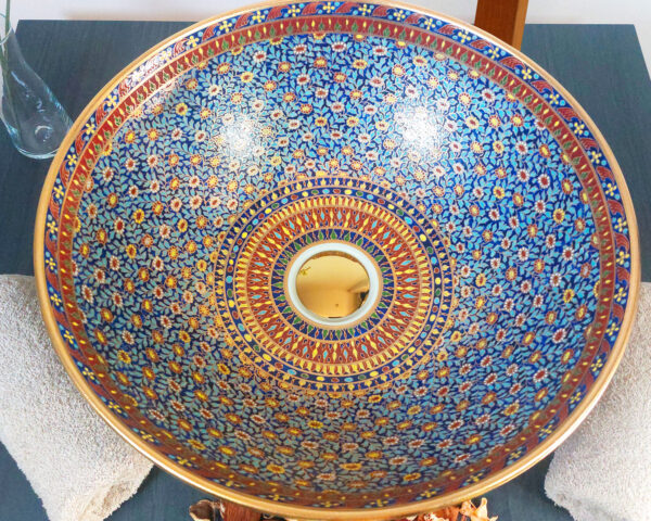 Top-down shot of Siam Sapphire sink, featuring its stunning floral motifs.