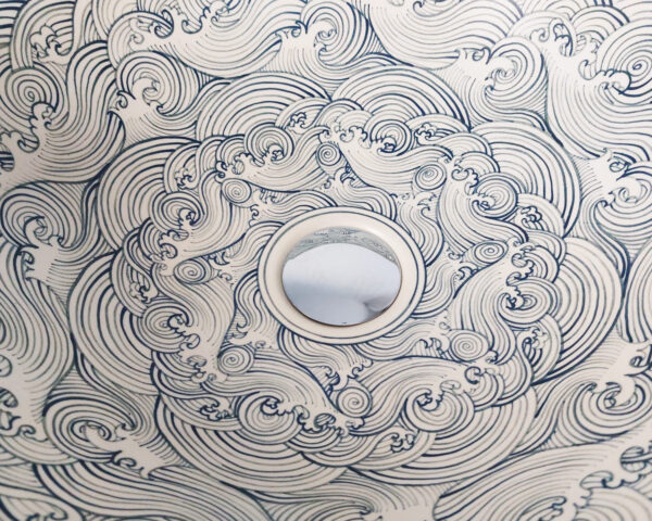 Close-up of Zen Breeze sink, showcasing its delicate hand-painted swirls.