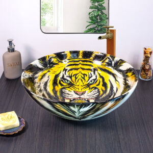 Front view of Jungle Majesty sink with tiger and leaf design.