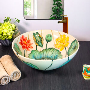 Front view of Lotus Reverie basin with colorful lotus flowers.