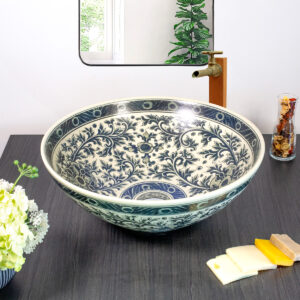 Front view of dark blue floral ceramic sink