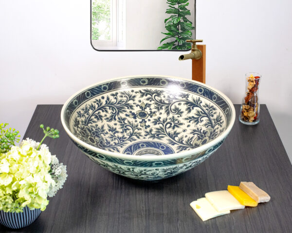 Front view of dark blue floral ceramic sink