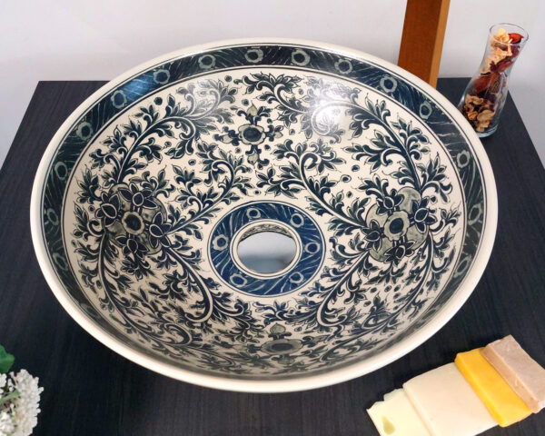 Top-down image of vintage-style floral ceramic basin