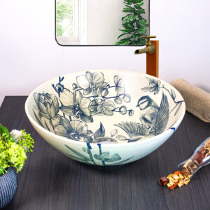 Front view of Orchid Whisper sink with hand painted blue orchids.