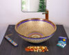 Front view of Royal Weave basin with gold mesh and blue border.