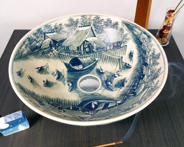 Top perspective of Thai countryside scene on ceramic bowl