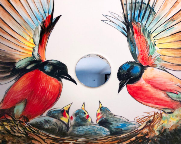 Close-up of birds and landscape inside ceramic sink