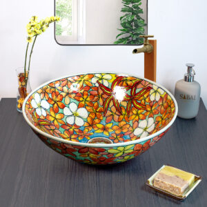 Blossom Ember hand painted ceramic basin, front view of handmade Thai porcelain sink.