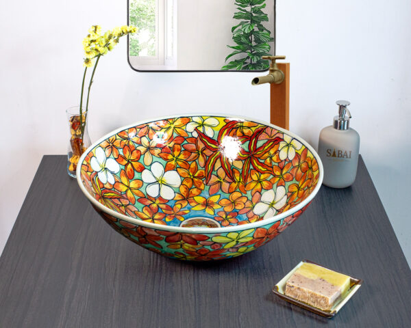 Blossom Ember hand painted ceramic basin, front view of handmade Thai porcelain sink.