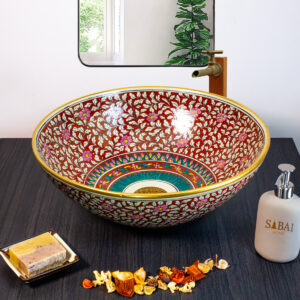 Hand painted Coral Canopy ceramic basin, front view of handmade Thai porcelain sink with coral and canopy motifs.