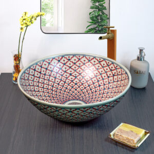 Hand painted Crimson Weave ceramic basin, front view of handmade Thai porcelain sink with woven-inspired pattern.