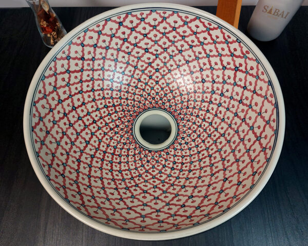 Crimson Weave ceramic basin inside view, detailed hand painted Thai sink showing woven motifs.
