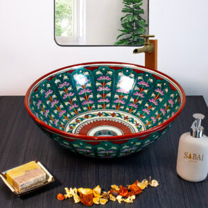 Hand painted Emerald Garden ceramic basin, front view of handmade Thai porcelain sink with green garden motifs.