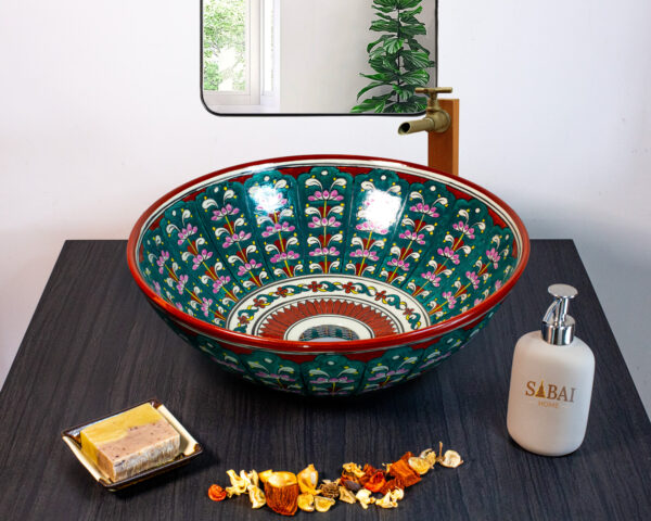 Hand painted Emerald Garden ceramic basin, front view of handmade Thai porcelain sink with green garden motifs.