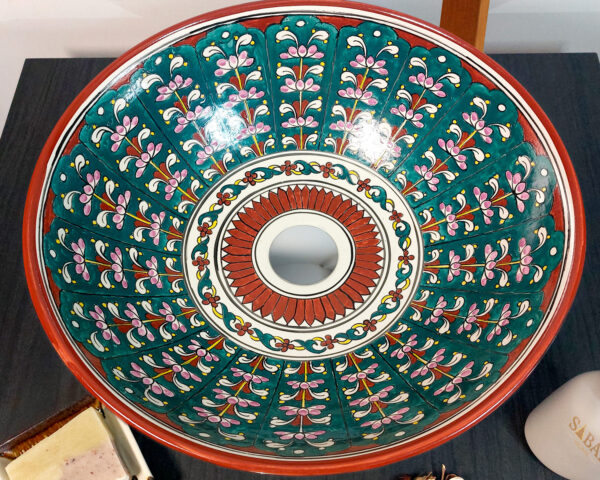 Emerald Garden ceramic basin inside view, detailed hand painted Thai sink showing foliage designs.