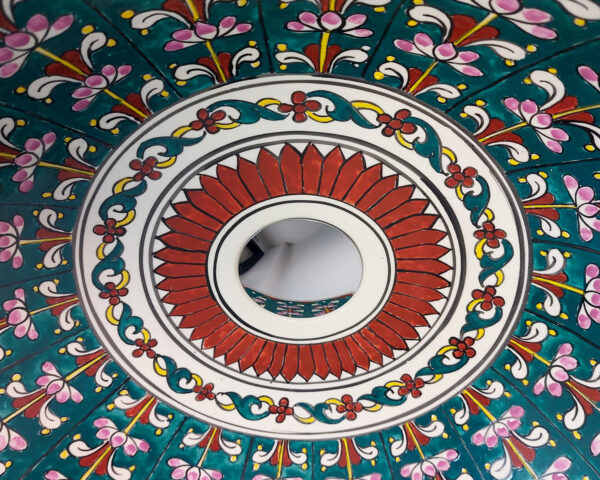 Close up of Emerald Garden hand painted ceramic basin, delicate Thai porcelain leaf and floral detail.
