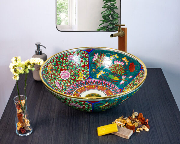Hand painted Floral Reverie ceramic basin, front view of handmade Thai porcelain sink with soft floral motifs.