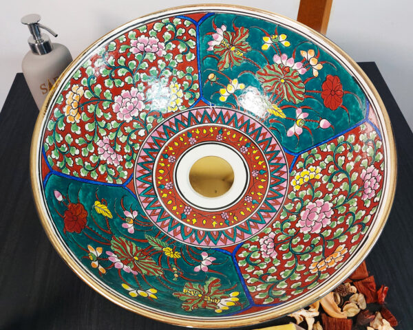 Floral Reverie ceramic basin inside view, detailed hand painted Thai sink with layered blossom patterns.