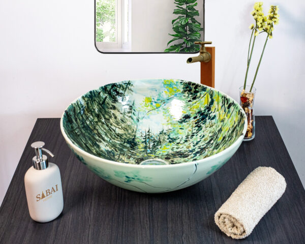 Hand painted Forest Serenity ceramic basin, front view of handmade Thai porcelain sink with forest landscape motifs.