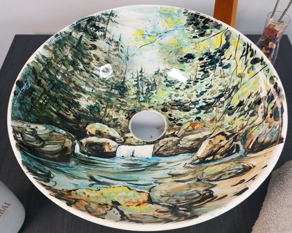 Forest Serenity ceramic basin inside view, detailed hand painted Thai sink depicting trees and streams.