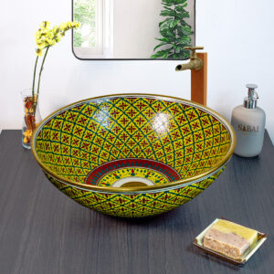 Hand painted Golden Harmony ceramic basin, front view of handmade Thai porcelain sink with golden accents.