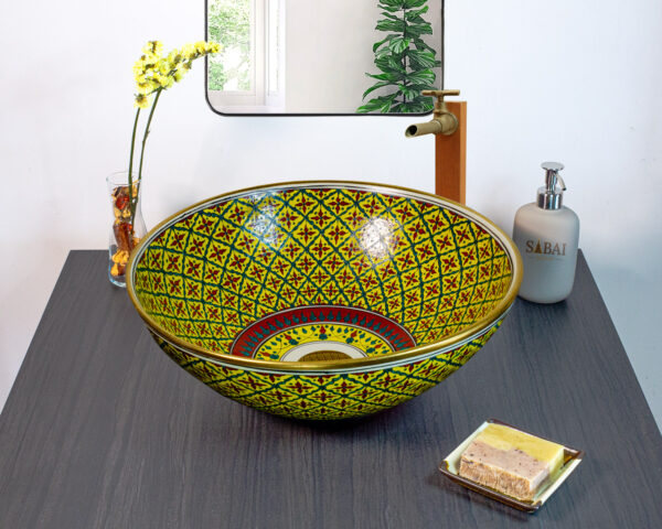 Hand painted Golden Harmony ceramic basin, front view of handmade Thai porcelain sink with golden accents.