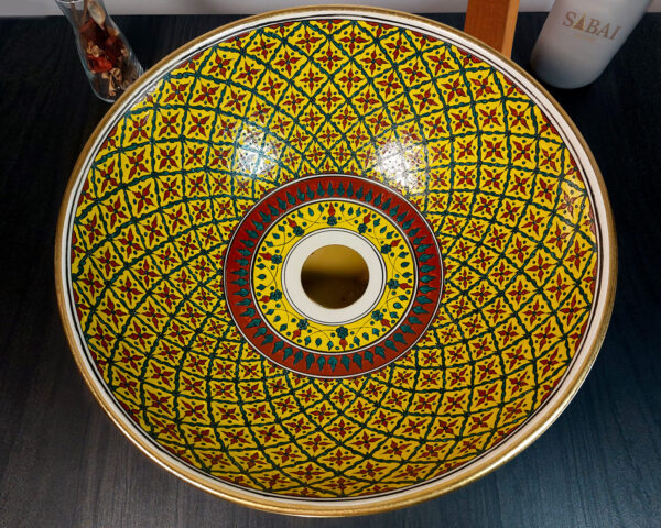 Golden Harmony ceramic basin inside view, detailed hand painted Thai sink featuring gilded motifs.