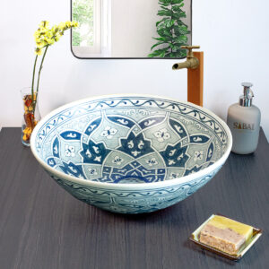 Hand painted Midnight Mosaic ceramic basin, front view of handmade Thai porcelain sink.