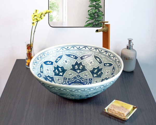 Hand painted Midnight Mosaic ceramic basin, front view of handmade Thai porcelain sink.