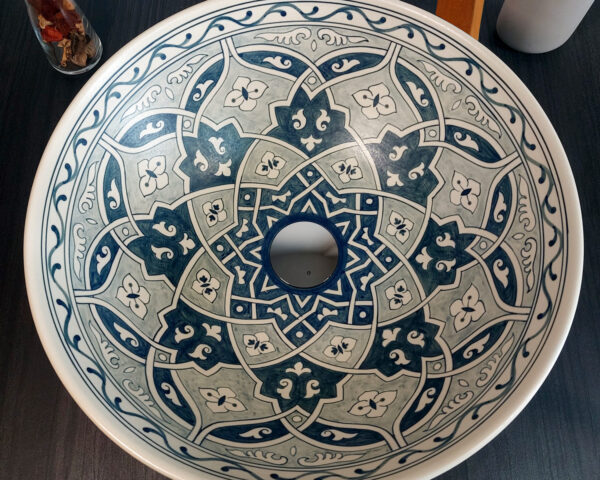 Midnight Mosaic ceramic basin inside view, detailed hand painted Thai sink with geometric motifs.